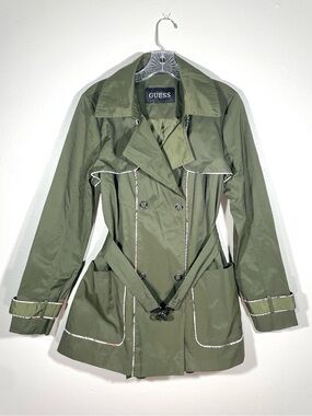 GUESS Olive Green Belted Trench Coat Jacket Plaid Trim